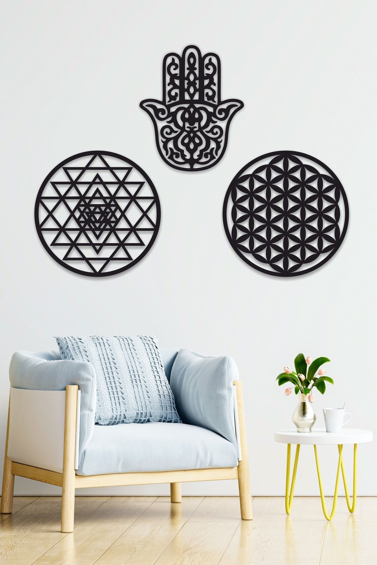 Wooden Flower of Life Sri Yantra and Hamsa Abundance Fertility Symbols Triple Decorative Painting Wall Ornament