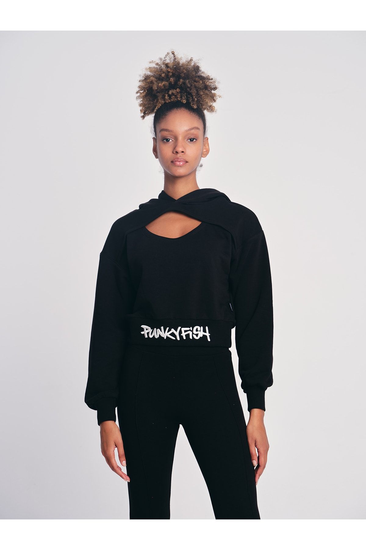 Punky Fish Punkyfish Hooded Women s Sweatshirt with Chest Detail Black Trendyol