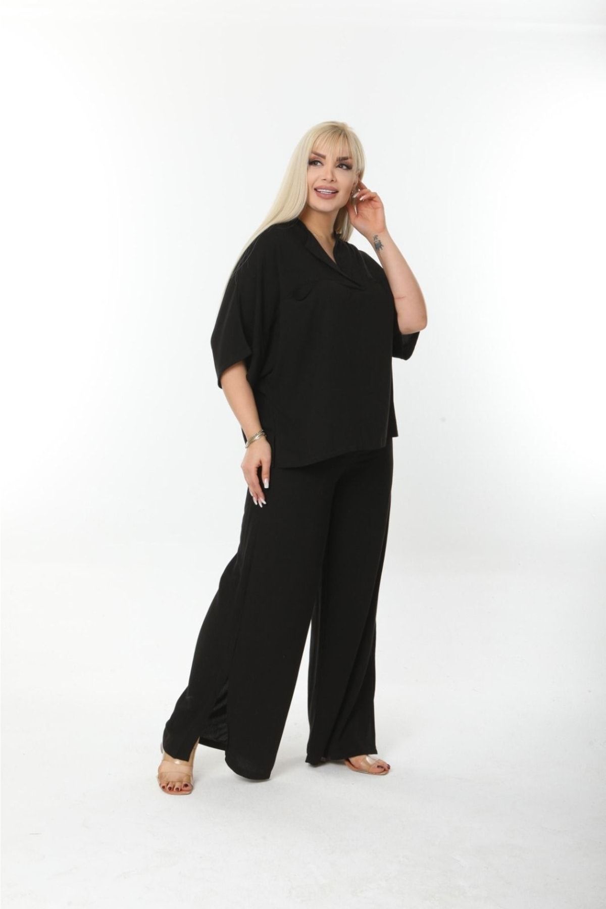 ESCBUTİK-Plus Size Side Slit Comfortable Double Set with Pants Stylish Top and Bottom Set 1