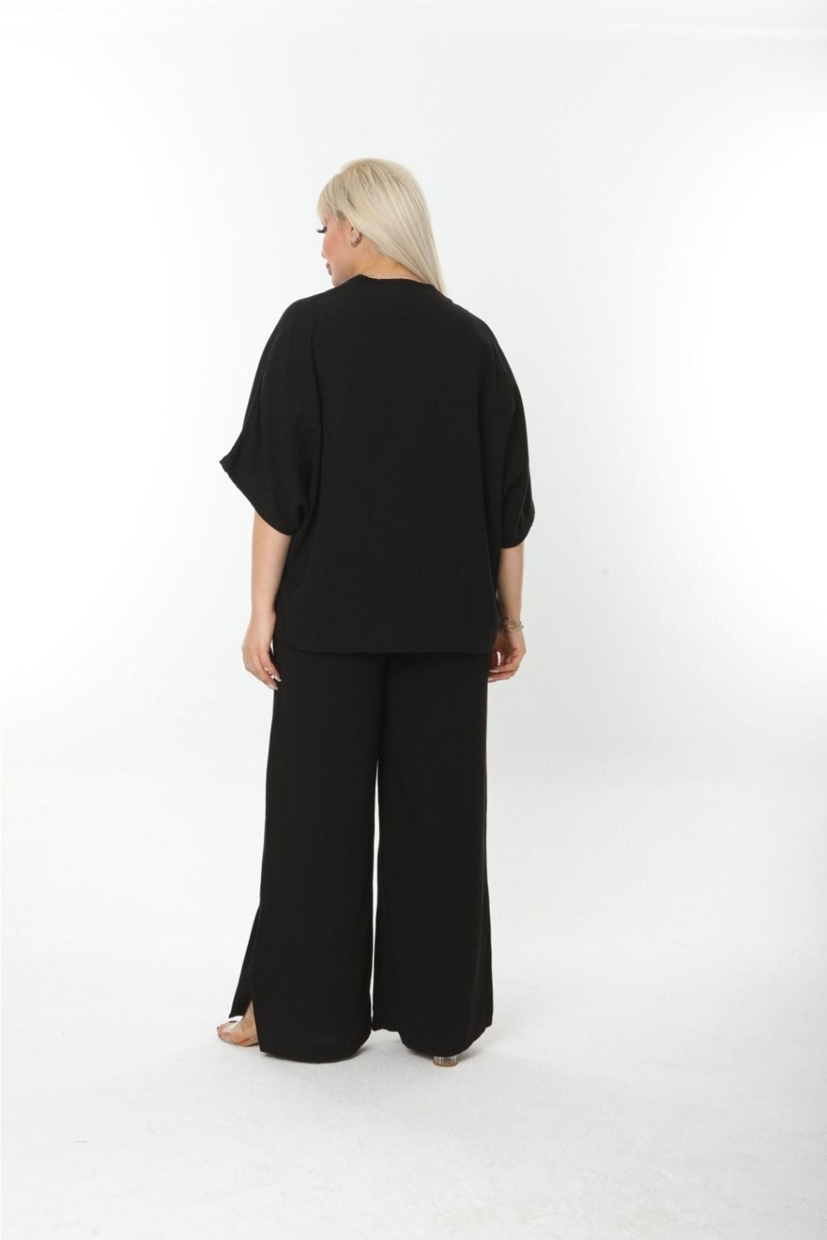 ESCBUTİK-Plus Size Side Slit Comfortable Double Set with Pants Stylish Top and Bottom Set 6