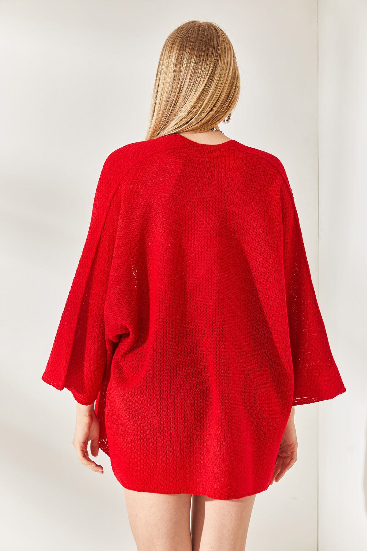 Olalook  Kadın Kırmızı Yarasa Baharlık Hırka HRK-19000057 - Görsel 6