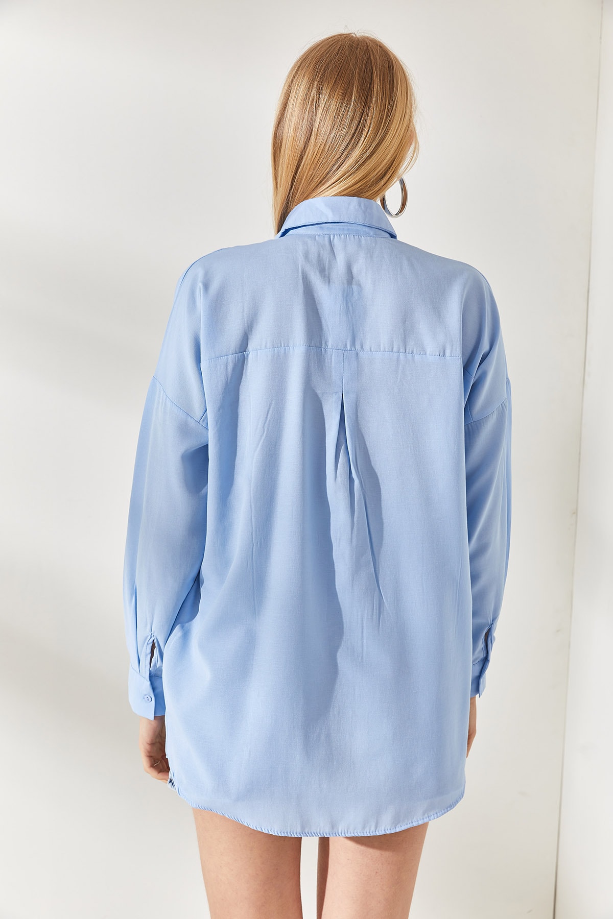 Olalook Bebe Mavi Palmiye Pul Detaylı Oversize Dokuma Poplin Gömlek GML-19001016