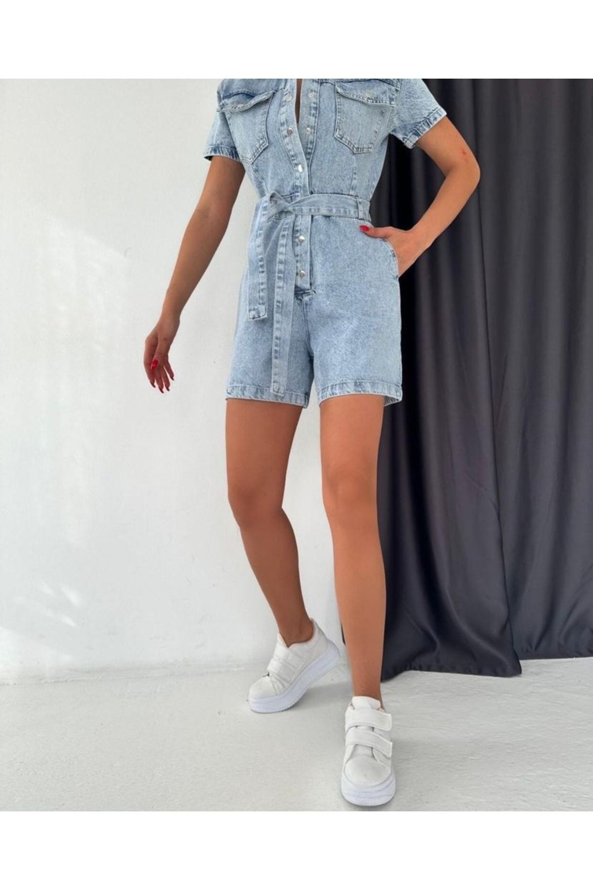 moda rouge Light Color Belted Denim Shorts Jumpsuit Trendyol