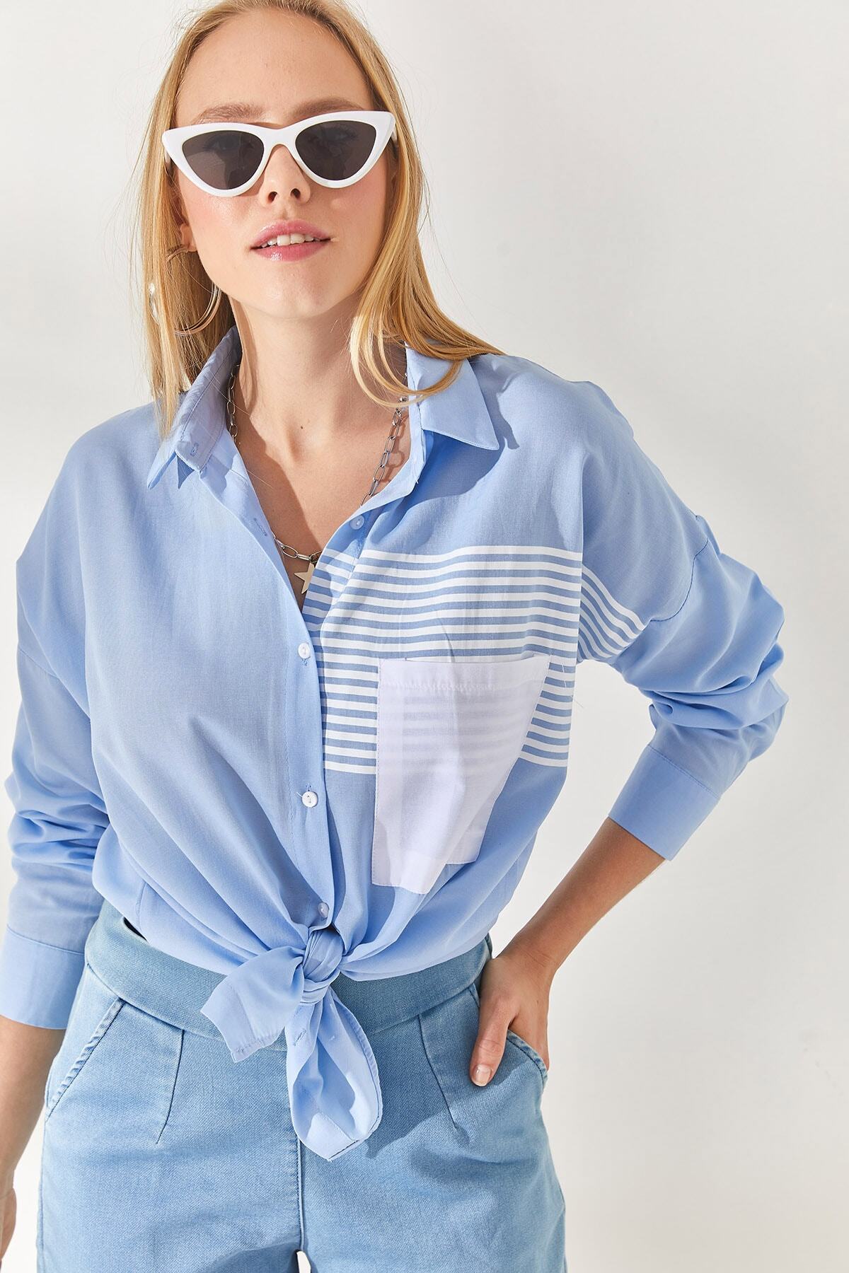 Olalook-Baby Blue Pocket Detailed Oversize szőtt ing GML-19000978 4