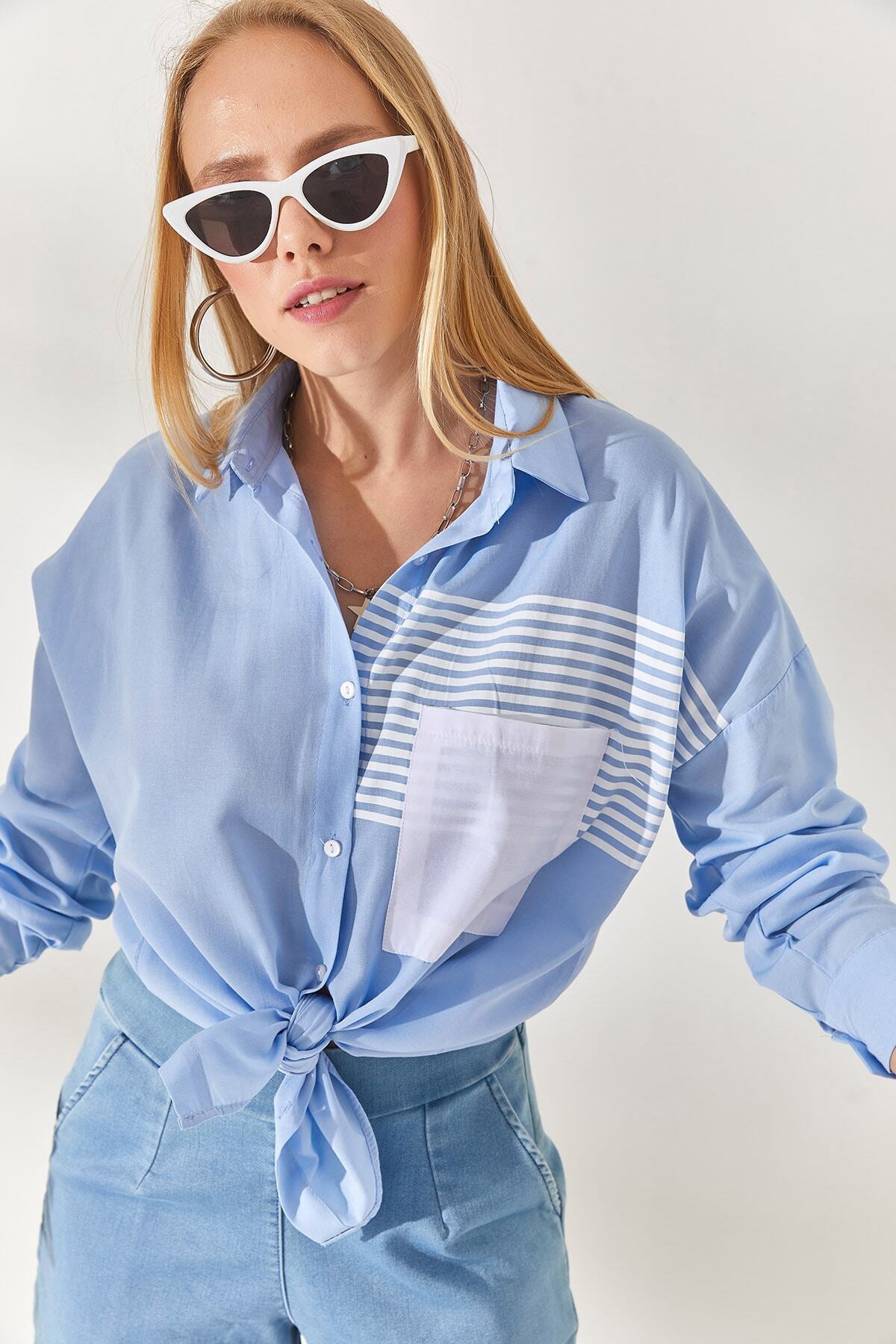 Olalook-Baby Blue Pocket Detailed Oversize szőtt ing GML-19000978 5