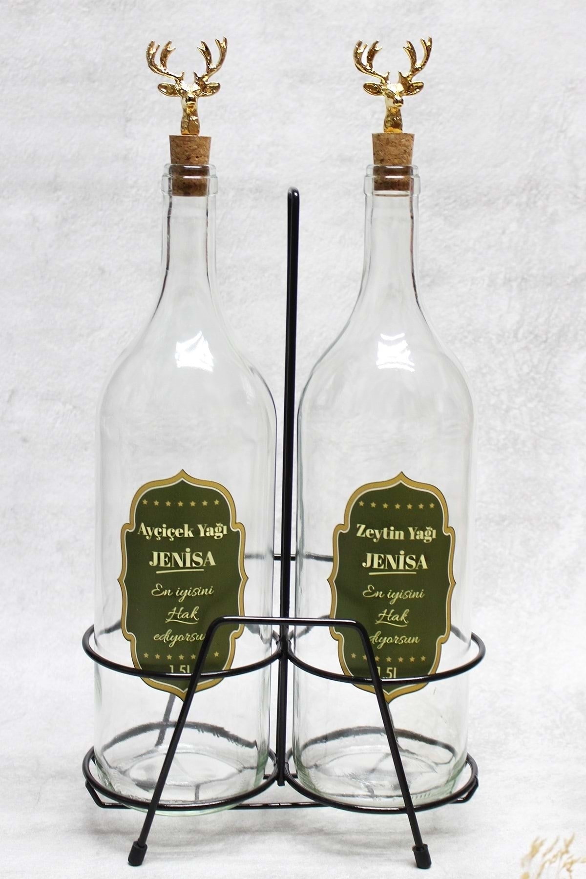 2 x Golden Deer Stoppered Stand Clear Glass 1500ml Labeled Oil Canister