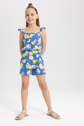 DeFacto Kız &Ccedil;ocuk Desenli Askılı Pamuklu Kısa Tulum