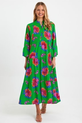 Cotton Mood Vps60 Desenli Uzun Viskon Elbise Yesıl