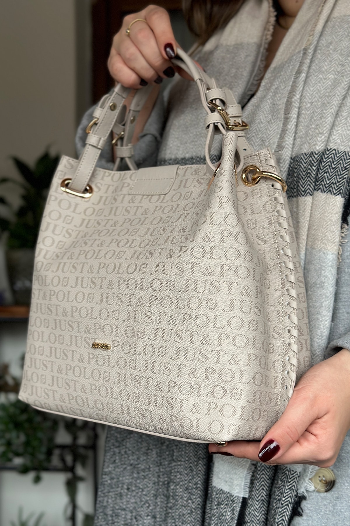 Women's 4 Compartment Braided Shoulder Bag As2180 Stone