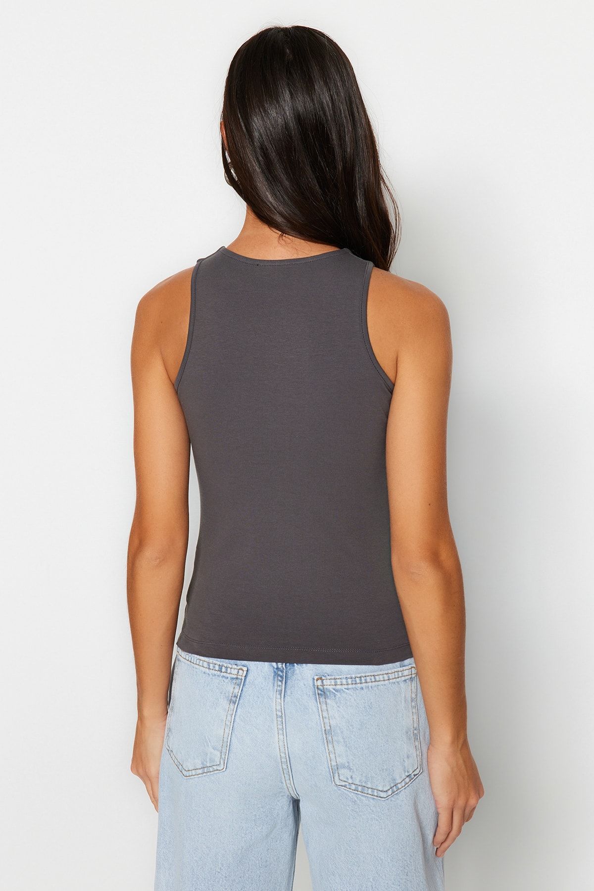 Trendyol Collection-Anthracite Cotton Halter Neck Fitted/Flexible Knitted Athlete Sitting on the Body TWOSS23AL00069 6