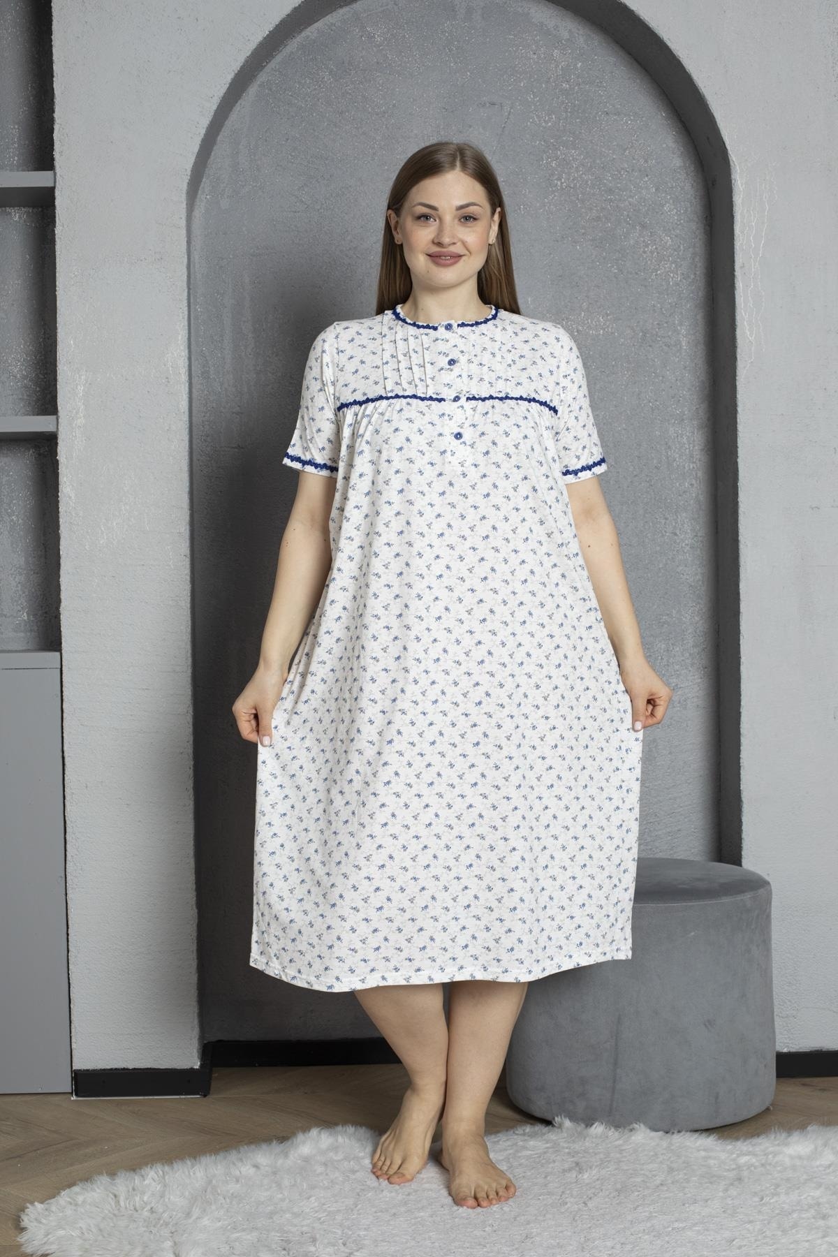 SEBOTEKS Düğmeli Yaka Kısa Kol %100 Pamuklu Penye Büyük Beden Anne Geceliği 529