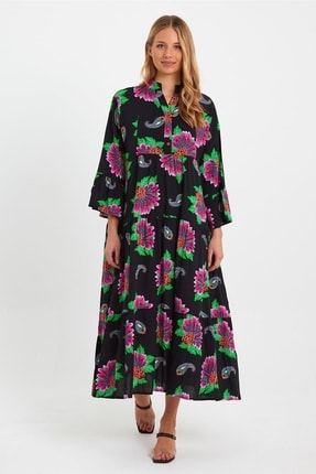 Cotton Mood Vps60 Desenli Uzun Viskon Elbise Sıyah
