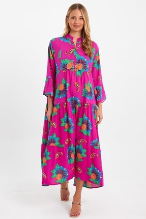 Cotton Mood Vps60 Desenli Uzun Viskon Elbise Pembe