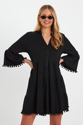 Cotton Mood Vp8199 Ponponlu Midi Boy Fakir Ol Elbise Sıyah