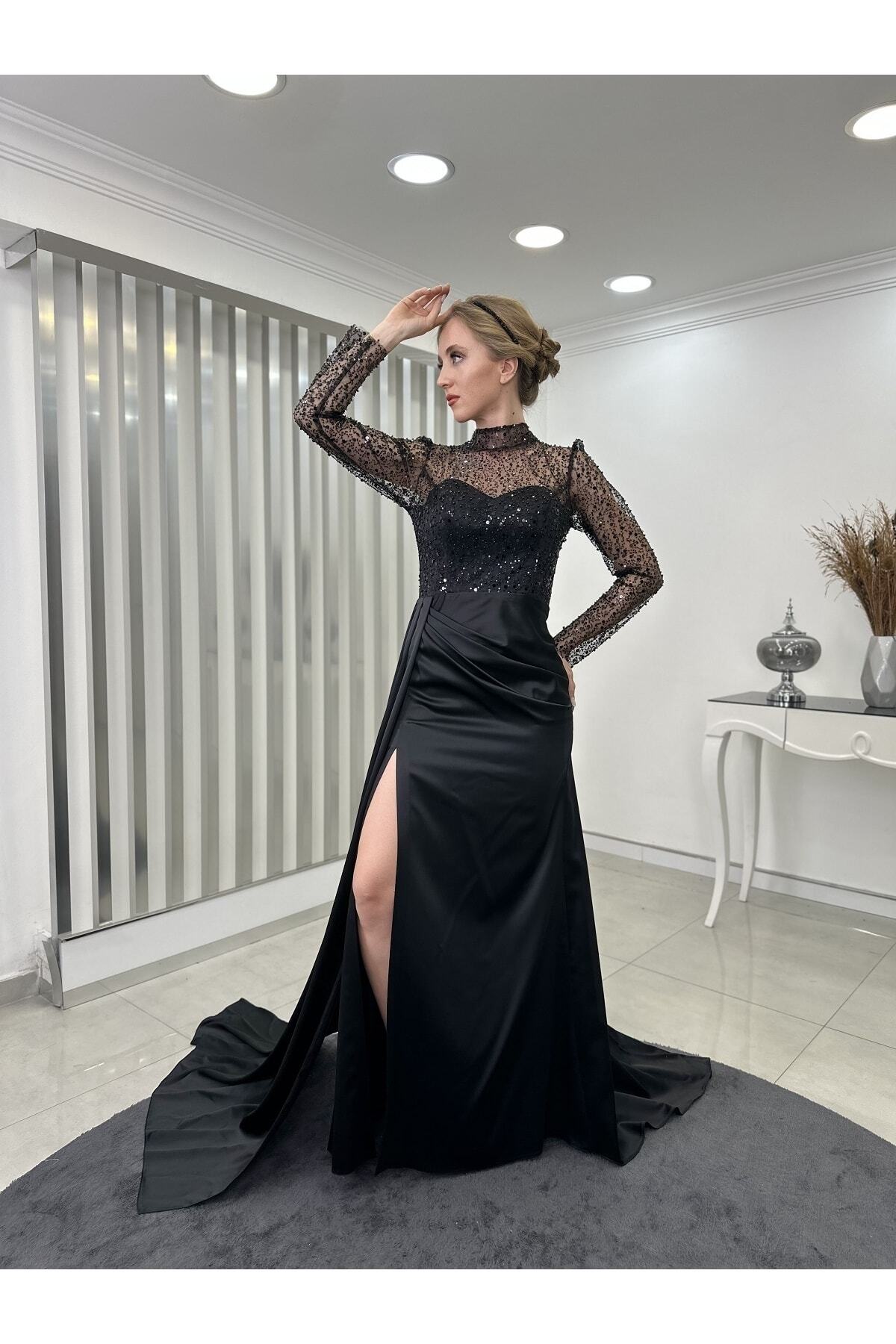 Rana Zenn Boncuk Detaylı Üstü Transparan Eteği Kuyruklu Ve Yırtmaçlı Gece Saten Abiye Siyah