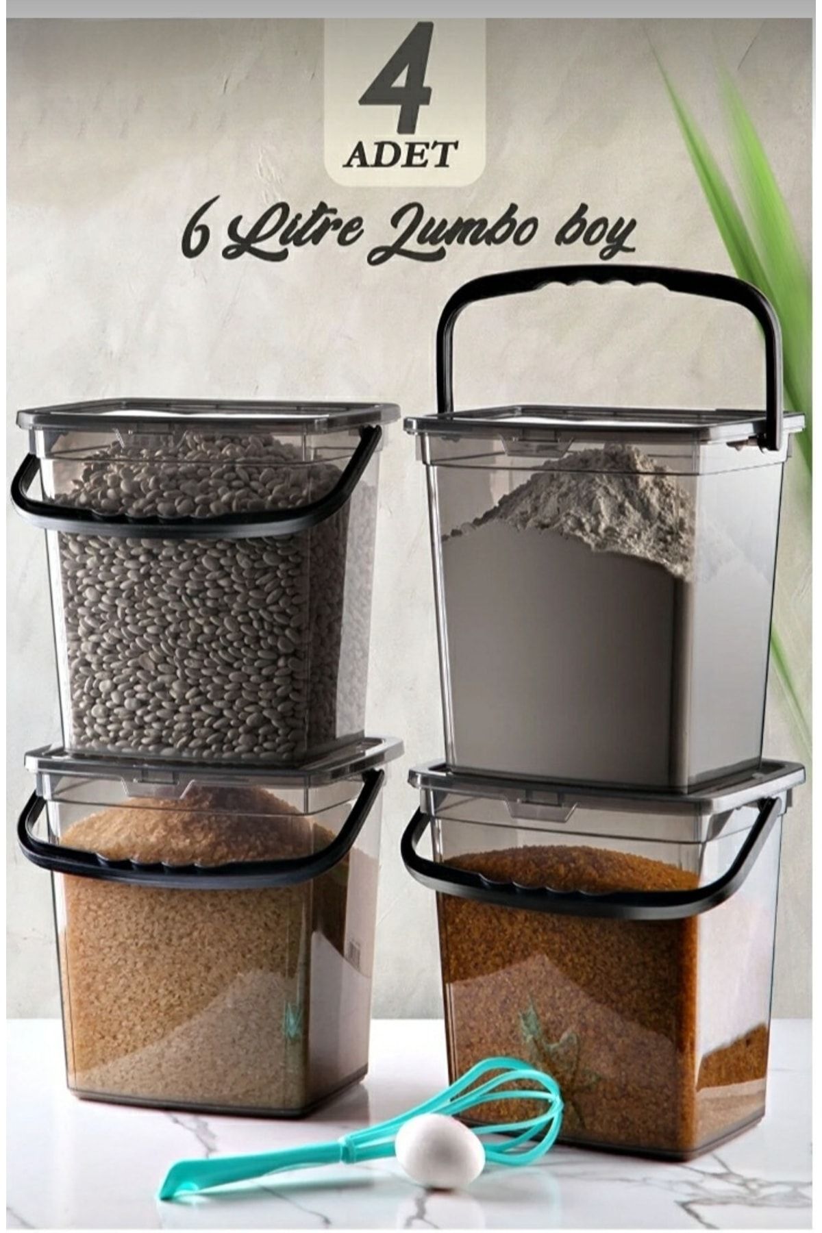 AHİR TİCARET-Mega Size 4-Piece Square Flour Pulses Container 6 Liters - 4 Pieces Flour Storage Container 1