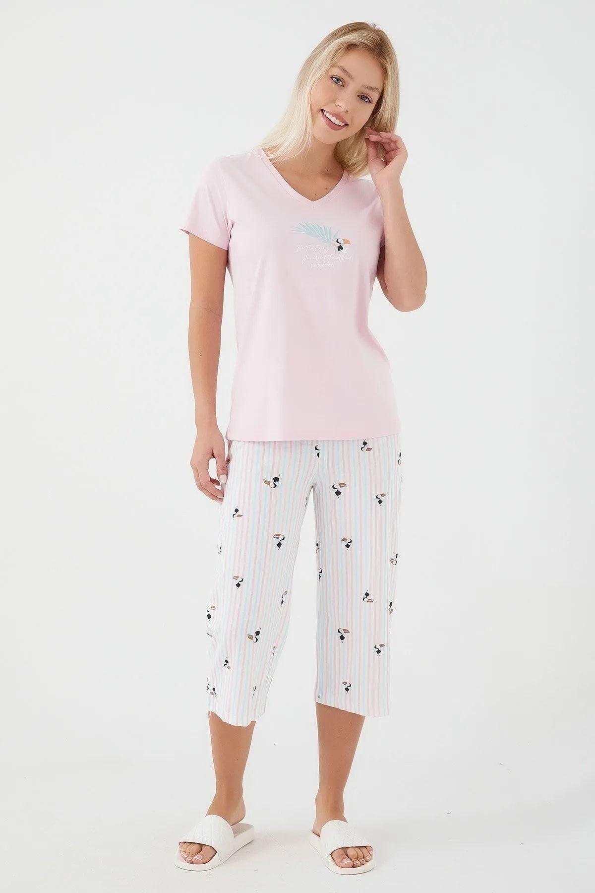 Pierre Cardin V-Neck 100% Cotton Women's Capri Pajama Set 8573 - Trendyol