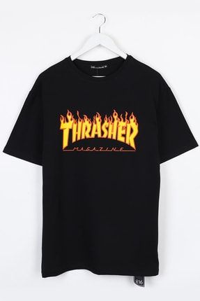 Thrasher Baskılı Siyah Oversize Unisex Tshirt SOKAKBUTIK0489