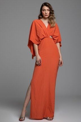 Kadın Turuncu İpek Bel Işlemeli Maxi Biel Elbise TESS2100019