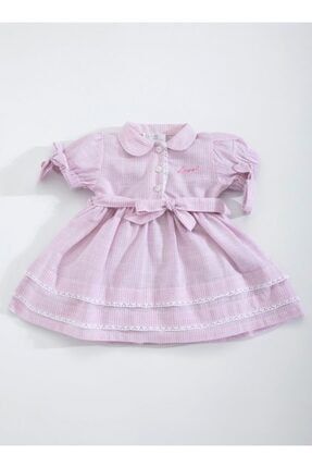 Kız Bebek Pembe Pamuklu Dokuma Bebe Yaka Elbise LG-4811