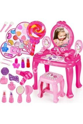Unicorn Makyaj Masası Aksesuarlı + Lolipop Makyaj Seti Sürülebilir Kız Evcilik Oyuncakları lolipop makyaj set