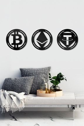 Bitcoin Ethereum Tether Figürlü Dekoratif Ahşap Tablo AW000155