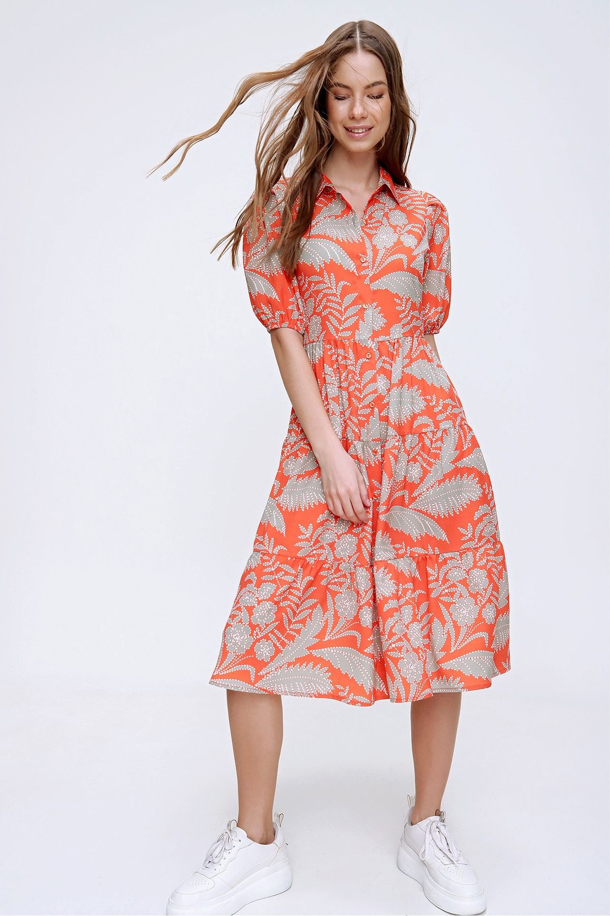 Trend Alaçatı Stili Orangefarbenes Damen-Hemdblusenkleid mit Ballonärmeln  und Volants ALC-X6031 - Trendyol | Sommerkleider
