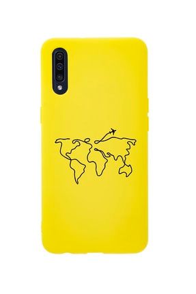 Samsung A50 Dünya Harita Rota Desenli Premium Silikonlu Sarı Telefon Kılıfı MCSAMA50LDHR