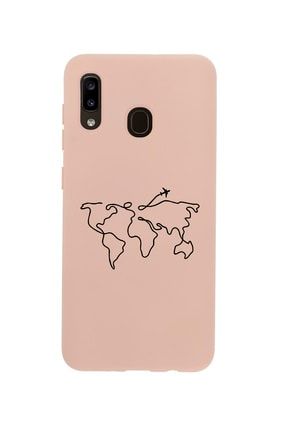 Samsung A30 Dünya Harita Rota Desenli Premium Silikonlu Pembe Telefon Kılıfı MCSAM30LDHR
