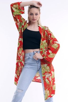 Kadın Kırmızı Desenli Uzun Kimono 6974KDNDSNLİKMNO