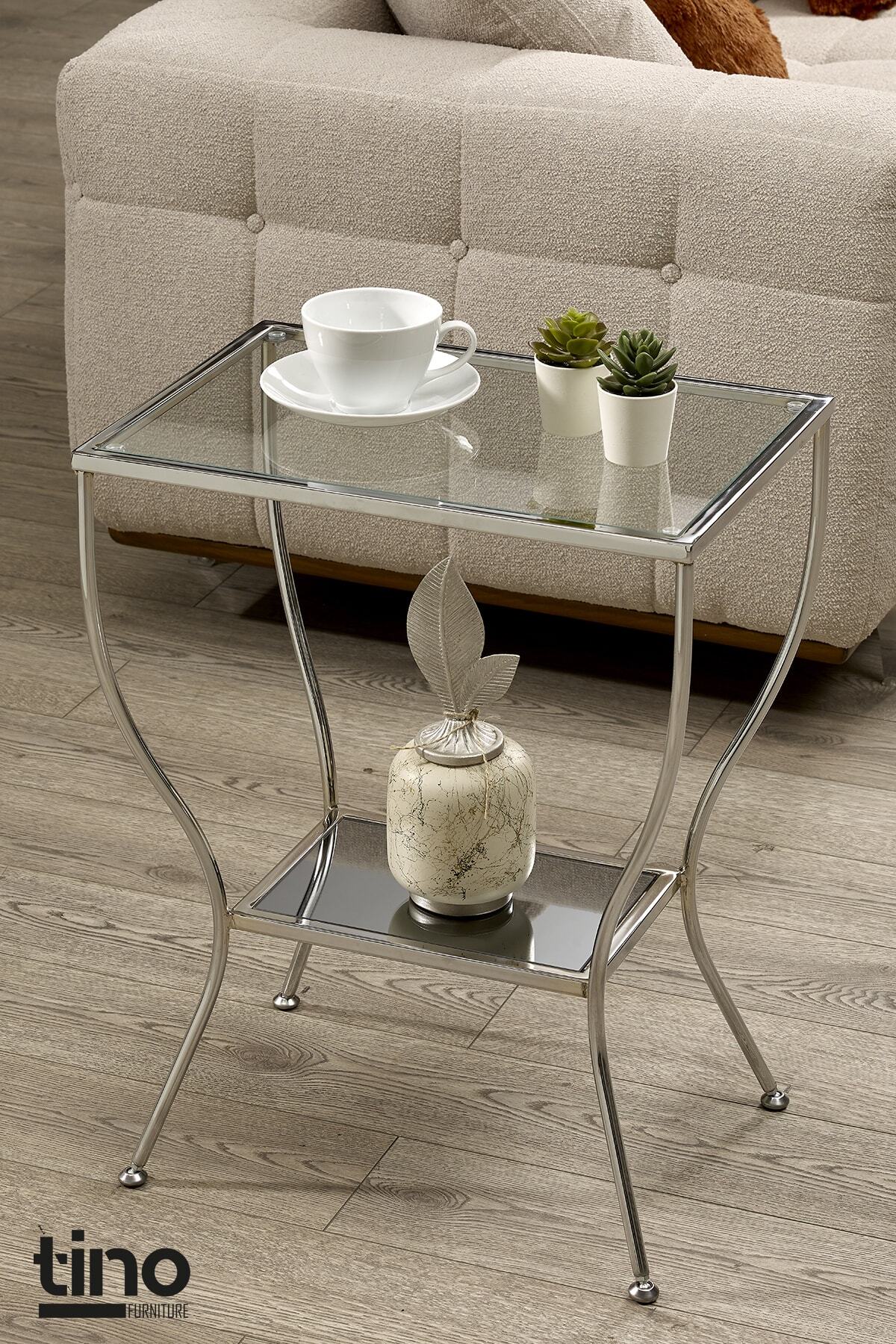 tino furniture Floransa Gümüş Kaplama Yan Sehpa Cam Ve Ayna Raflı Metal