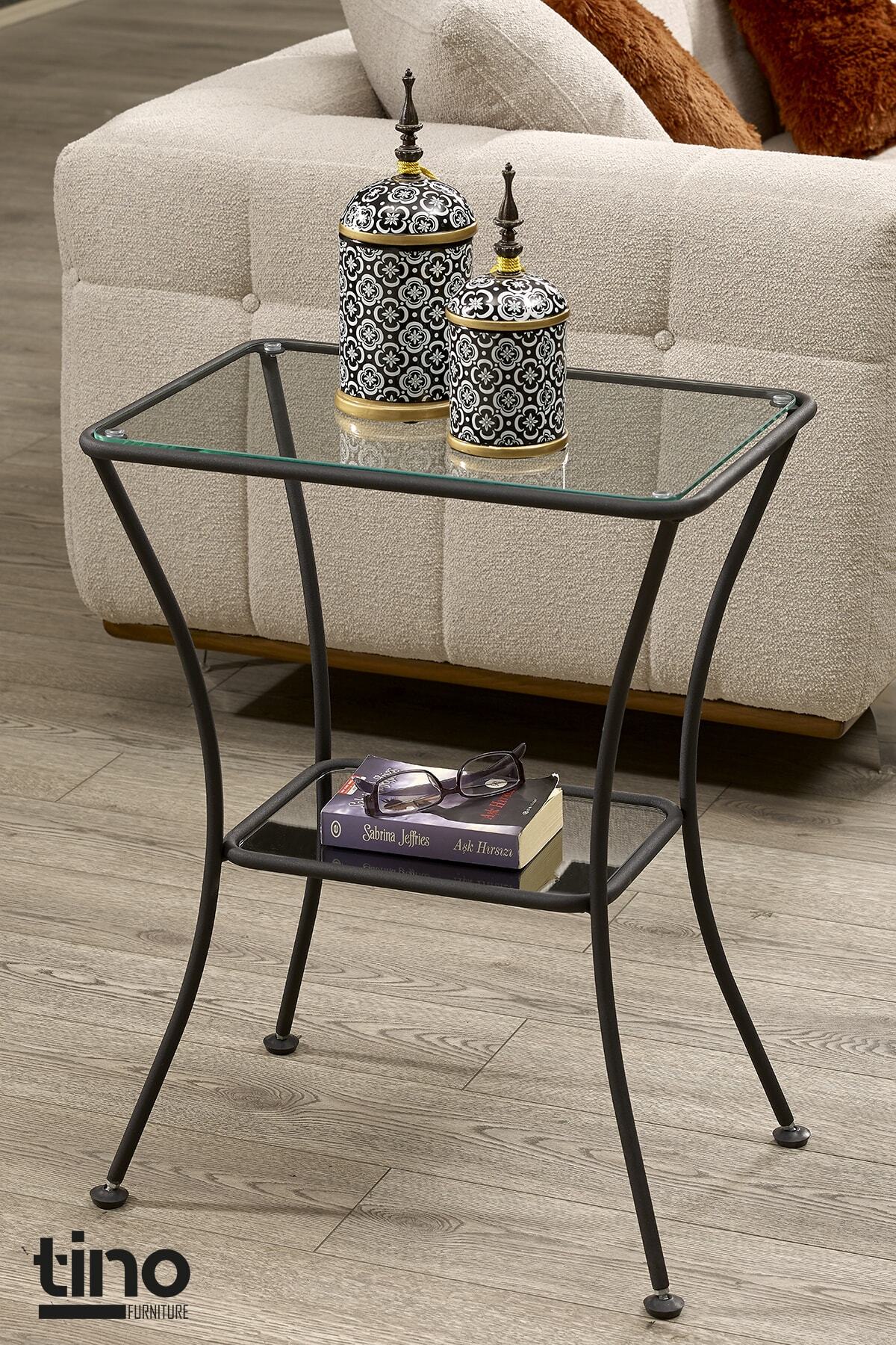 tino furniture Venedik Siyah Yan Sehpa Cam Ve Ayna Raflı Metal Komodin