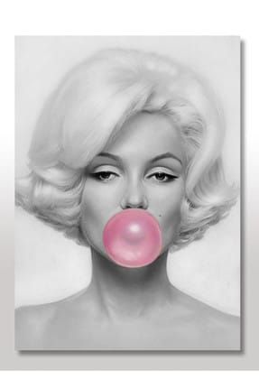 50cmX70cm Ahşap Tablo Pembe Sakızlı Marilyn Monroe Görseli dikey-474-50-70