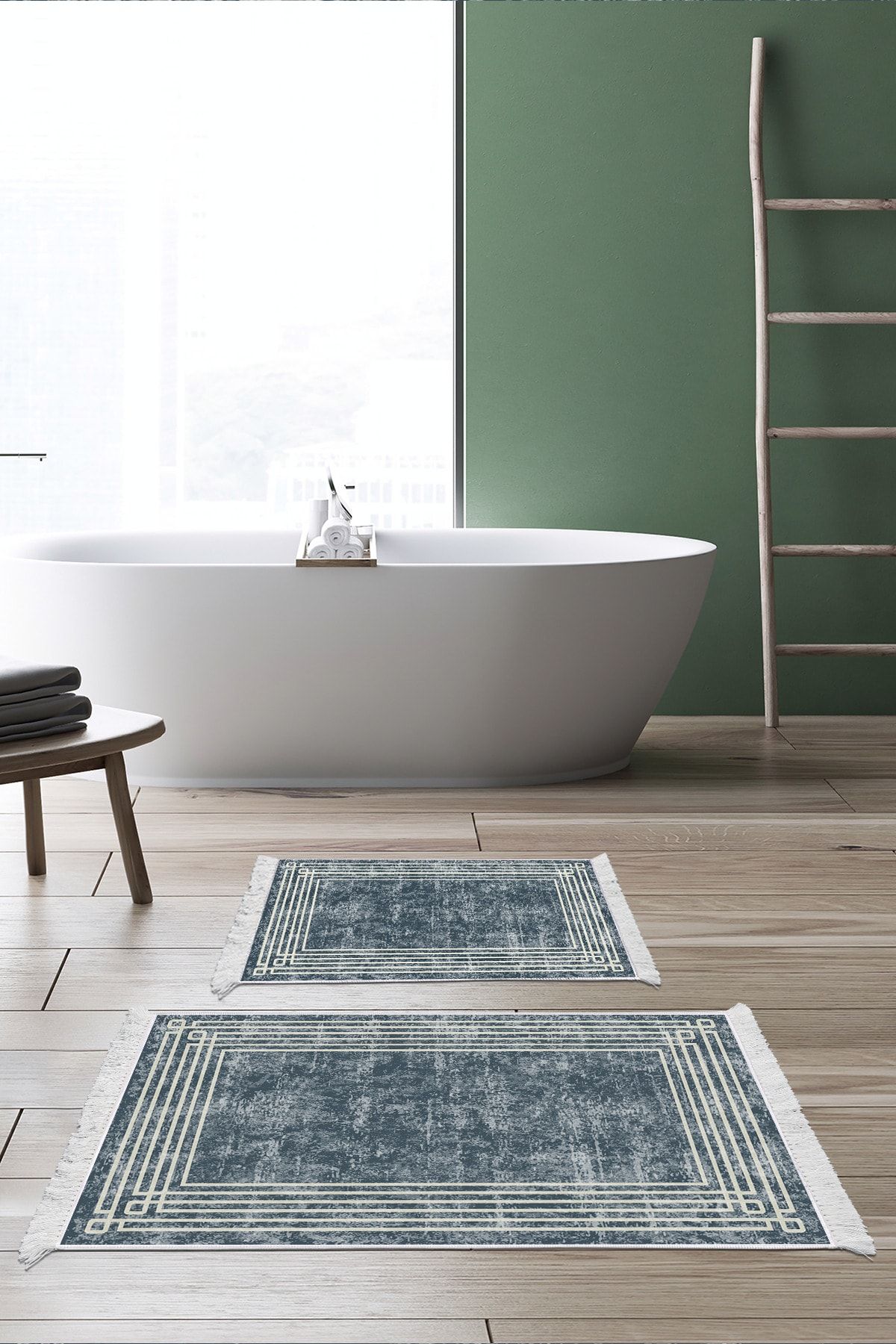Dekoreko Set Covoraș De Baie Cu Bază Anti-alunecare Djt 2 Piese Trend Fringe Modern M5142 Albastru - One Size