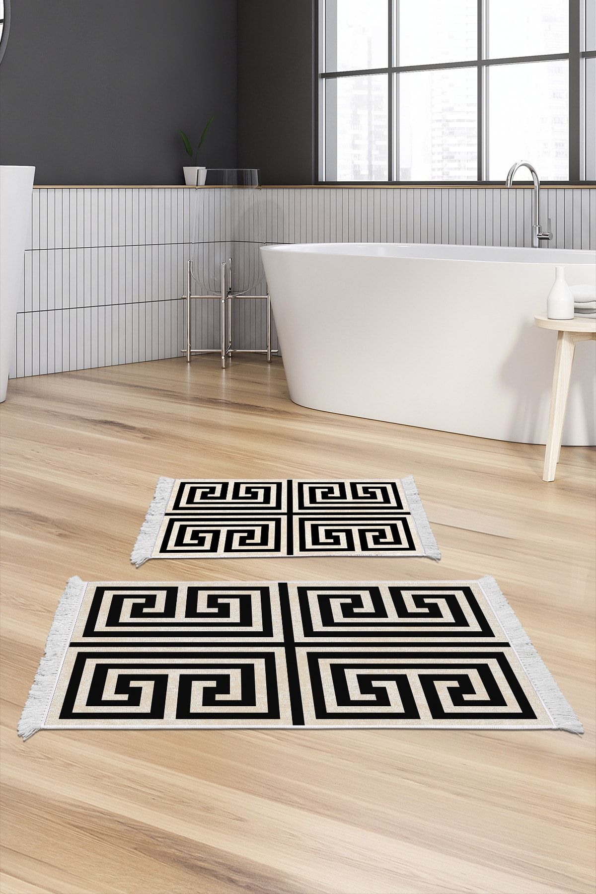 Dekoreko Set Covoraș De Baie Cu Bază Anti-alunecare Djt 2 Piese Din Piele Stea Cu Franjuri Modern 658m Negru - One Size