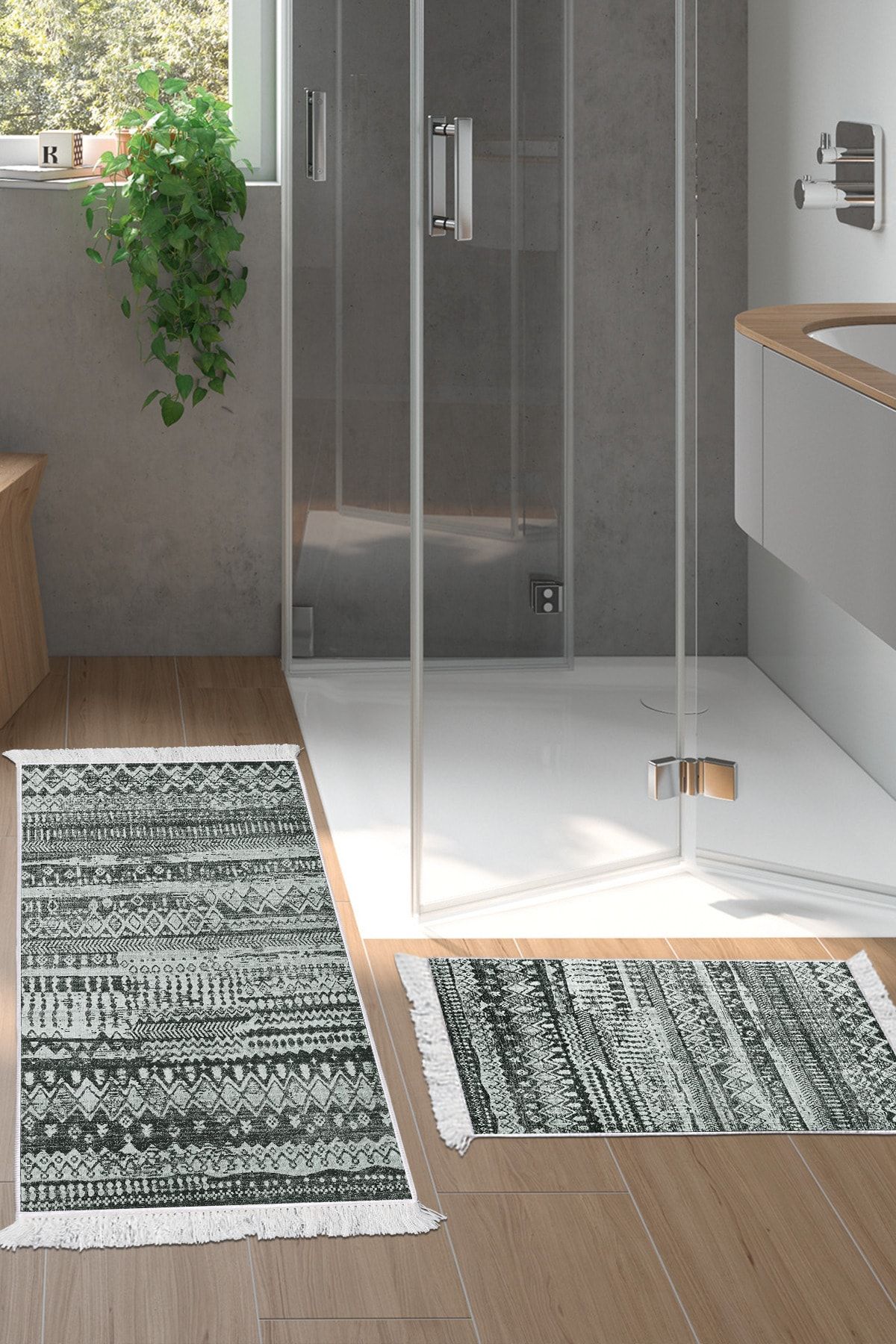 Dekoreko Set Covoraș De Baie Cu Bază Anti-alunecare Djt 2 Piese Star Bumbac Cu Franjuri Scandinav F5080 Argintiu - One Size