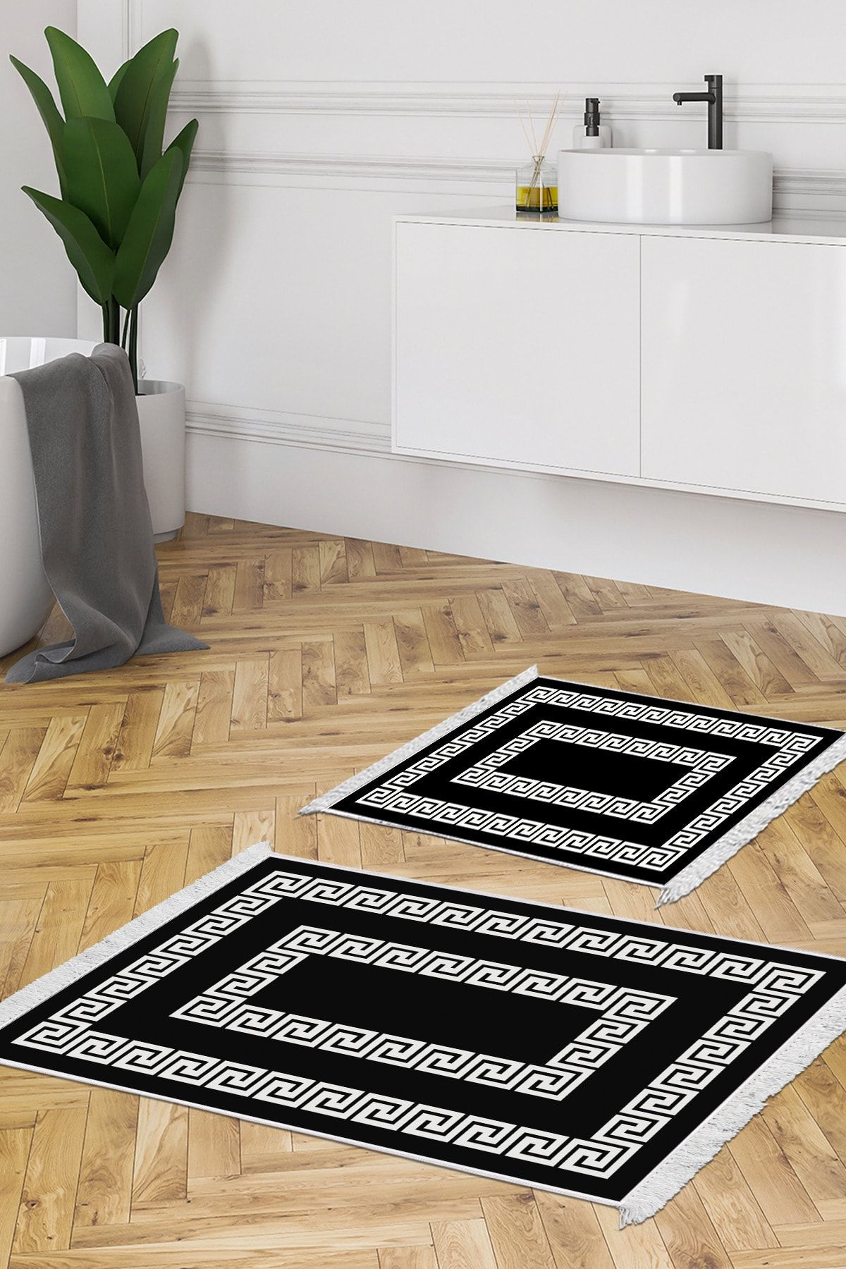 Dekoreko Set Covoraș De Baie Cu Talpă Anti-alunecare Djt 2 Piese Din Piele Stea Cu Franjuri Modern 650m Negru - One Size