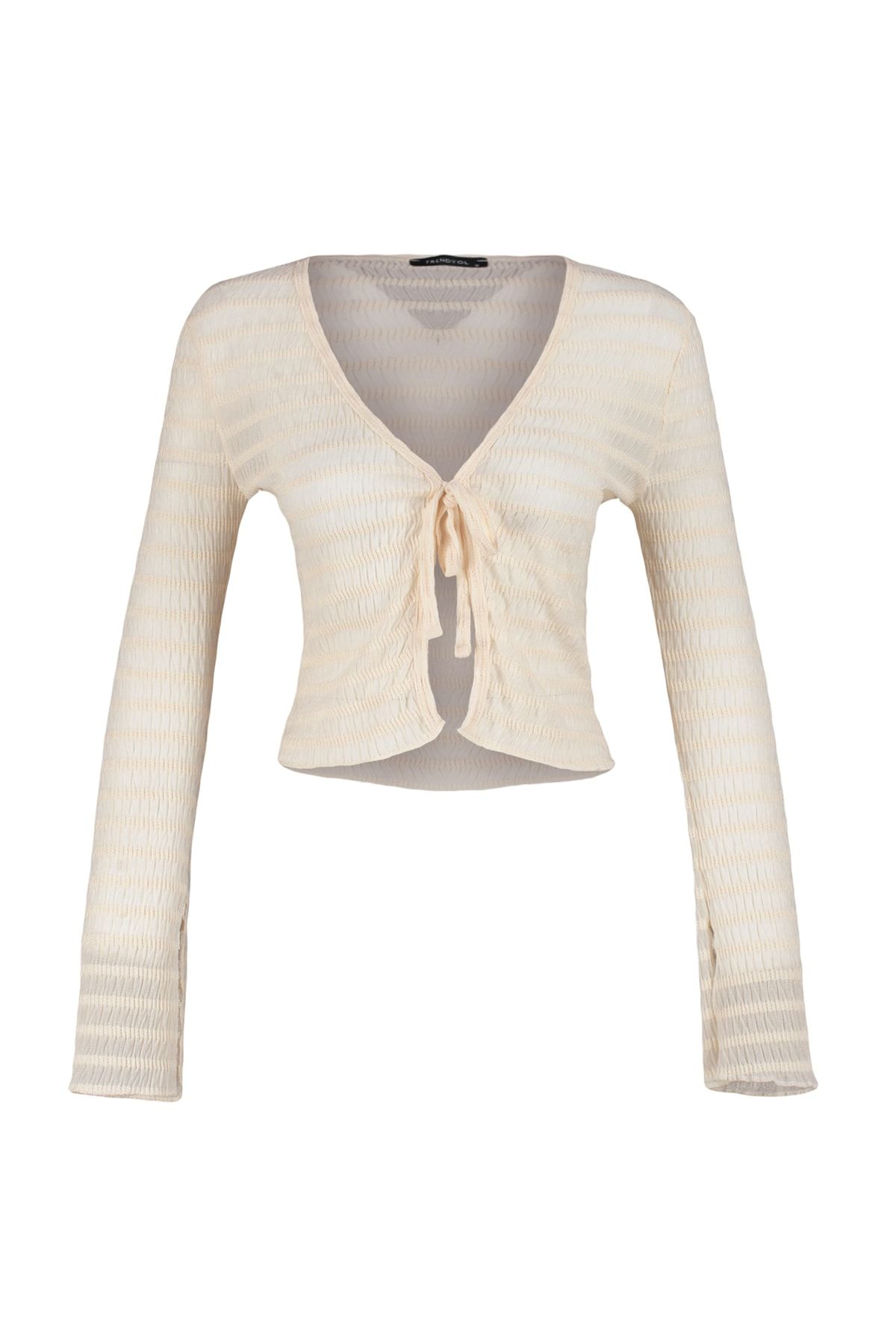 Trendyol Collection-Ecru Premium-Strickbluse mit strukturiertem V-Ausschnitt und dehnbarer Schleife zum Binden, detailliert TWOSS23BZ00796 6