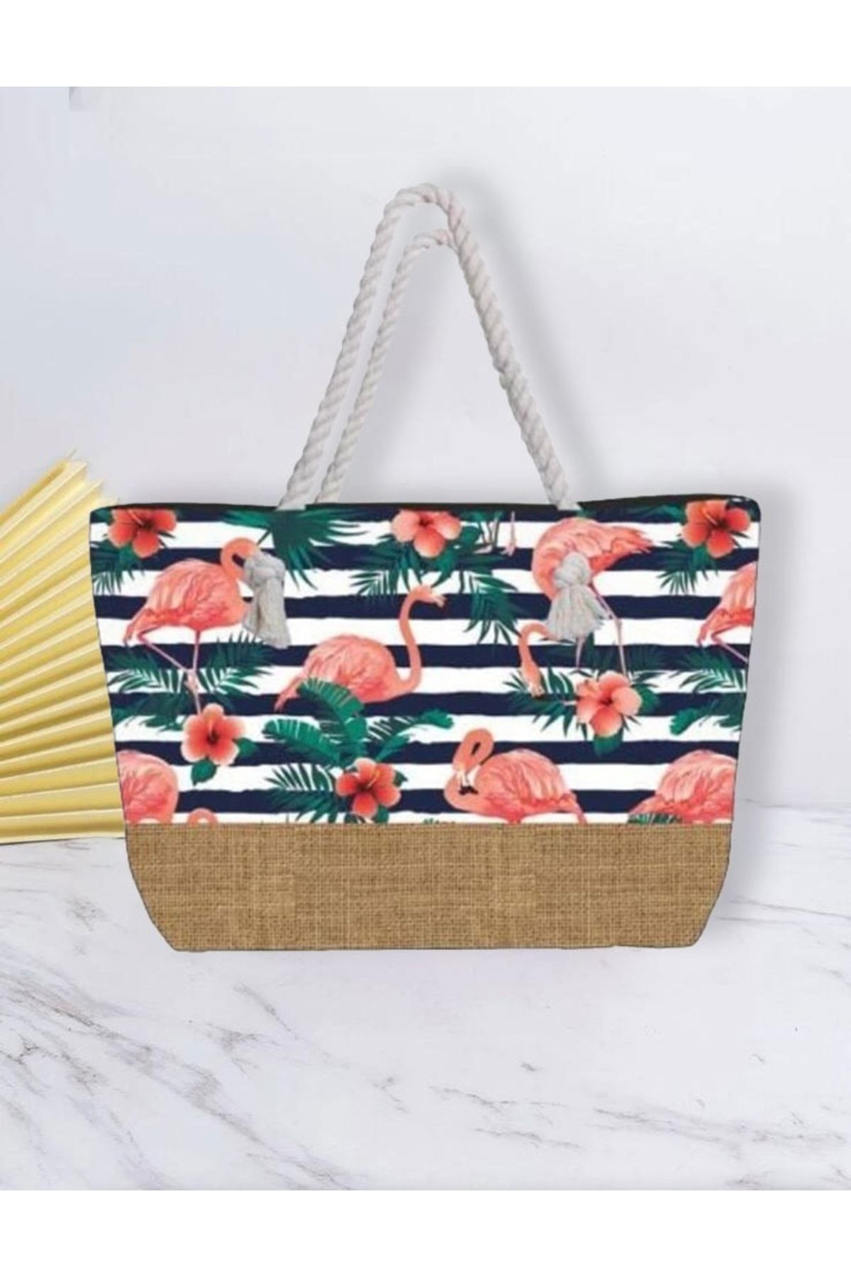 Keywest Striped Floral Flamingo Patterned Zippered Lined Beach Bag 50X33