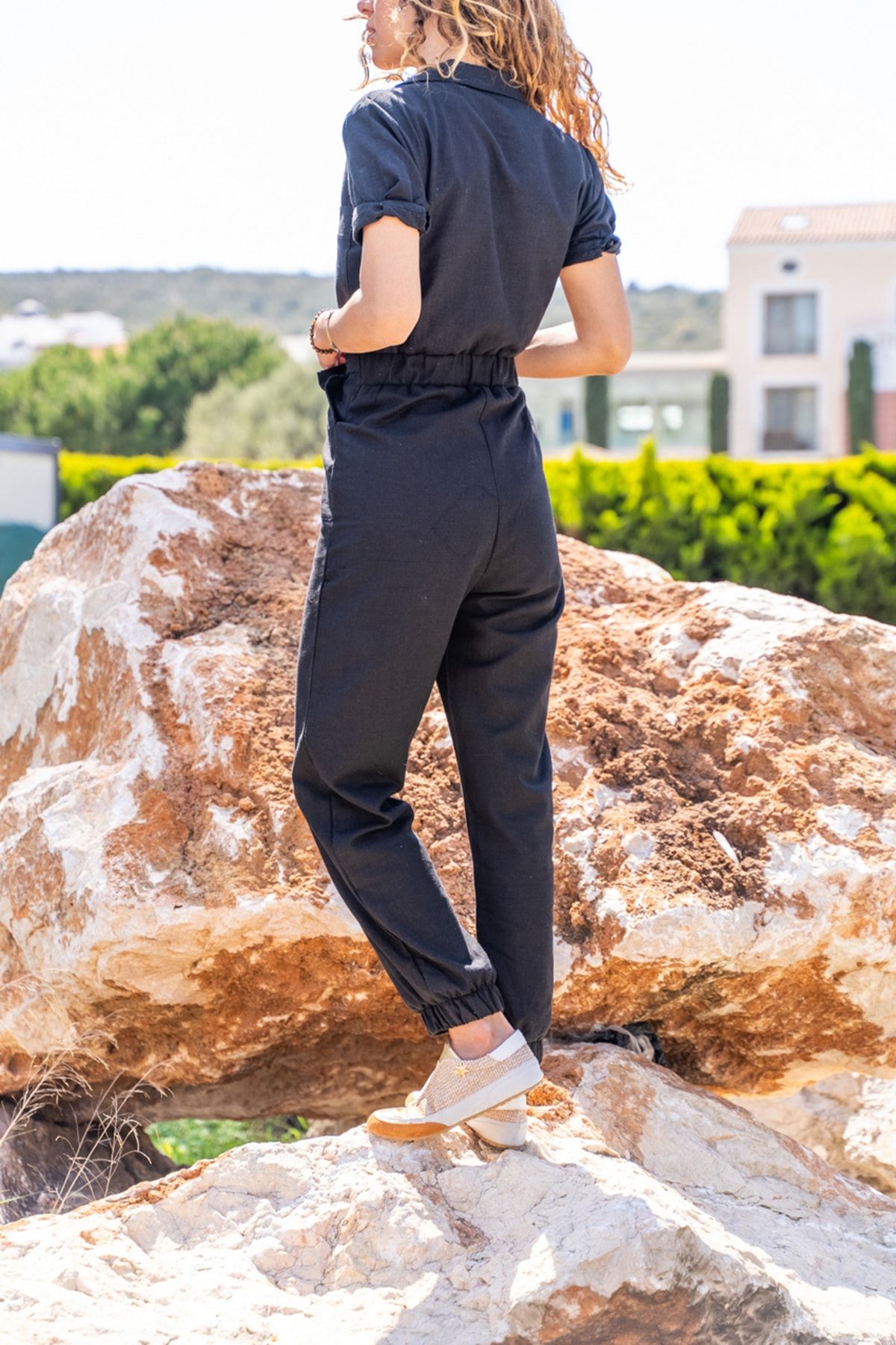 G ne k z Women s Black Self Belt Zippered Jumpsuit 1st9