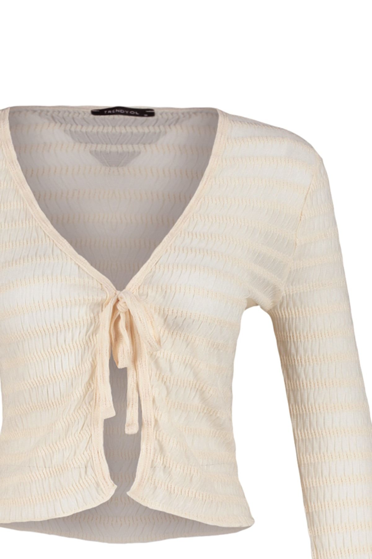 Trendyol Collection-Ecru Premium-Strickbluse mit strukturiertem V-Ausschnitt und dehnbarer Schleife zum Binden, detailliert TWOSS23BZ00796 7