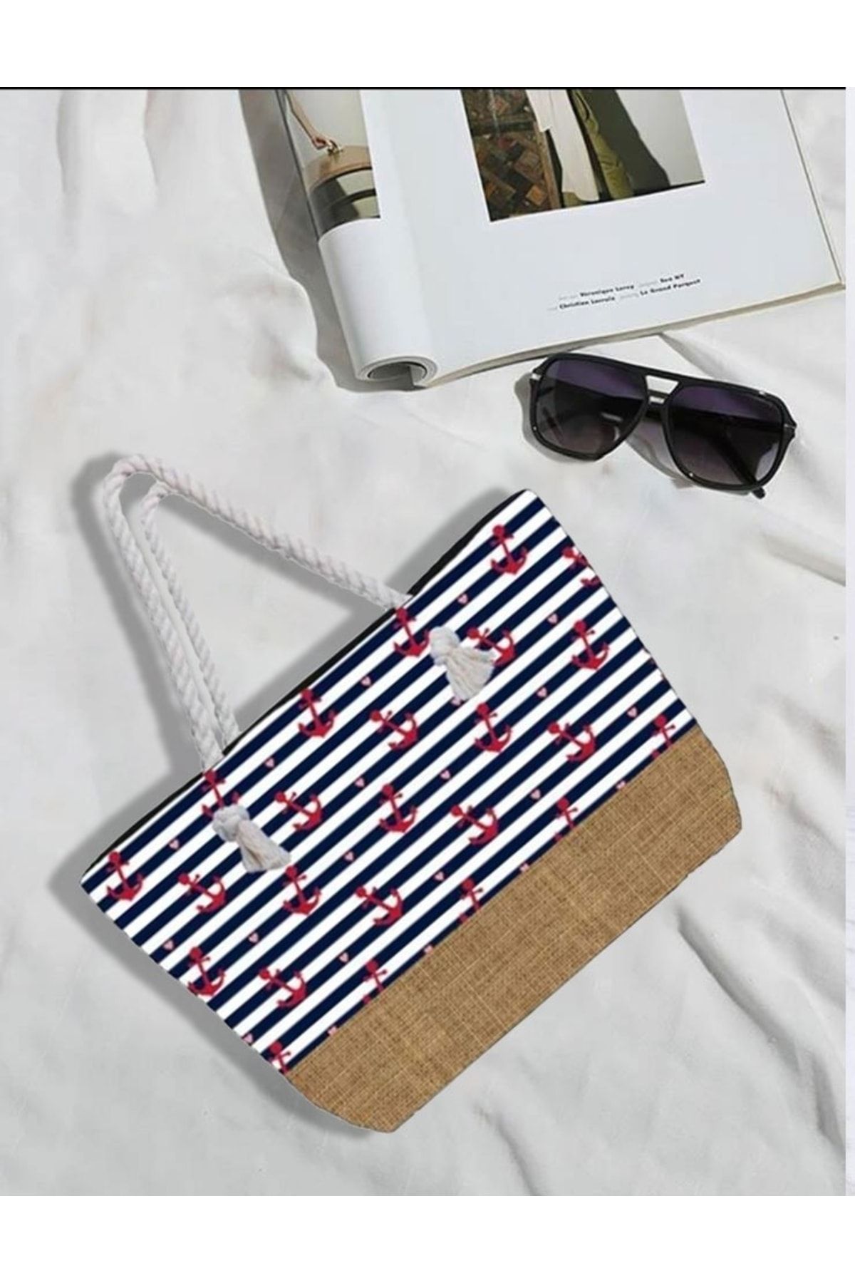 Keywest Geantă De Plajă Căptușită Cu Fermoar Cu Model De Ancoră De Navă Cu Dungi Albastre (50x33) Unisex - One Size