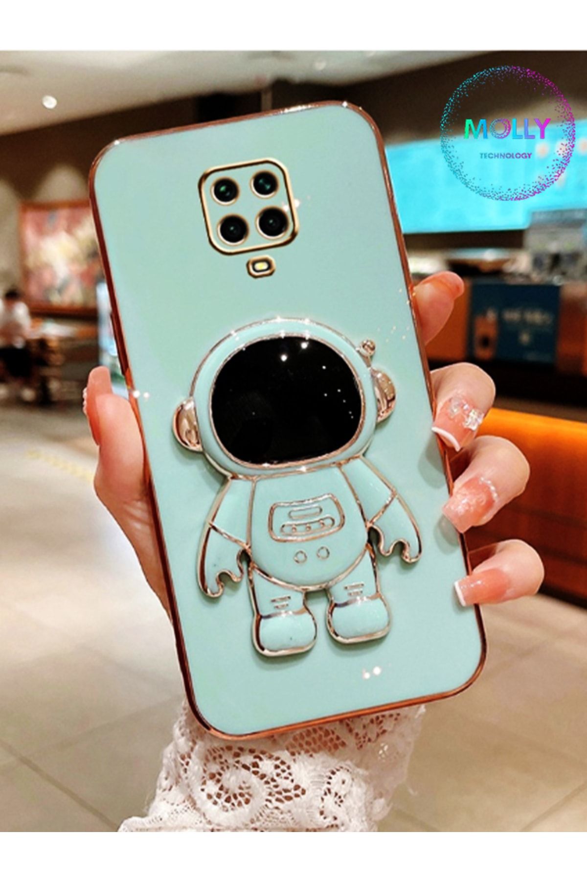 Molly Technology Xiaomi Redmi Note 9 Pro Için Su Yeşili Astronot Standlı Kenarları Gold Detaylı 9156