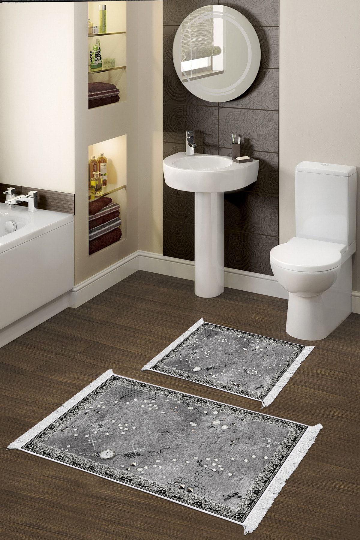 Dekoreko Set Covoraș De Baie Cu Bază Anti-alunecare Djt 2 Piese Trend Fringe Modern Mu118 Gri - One Size