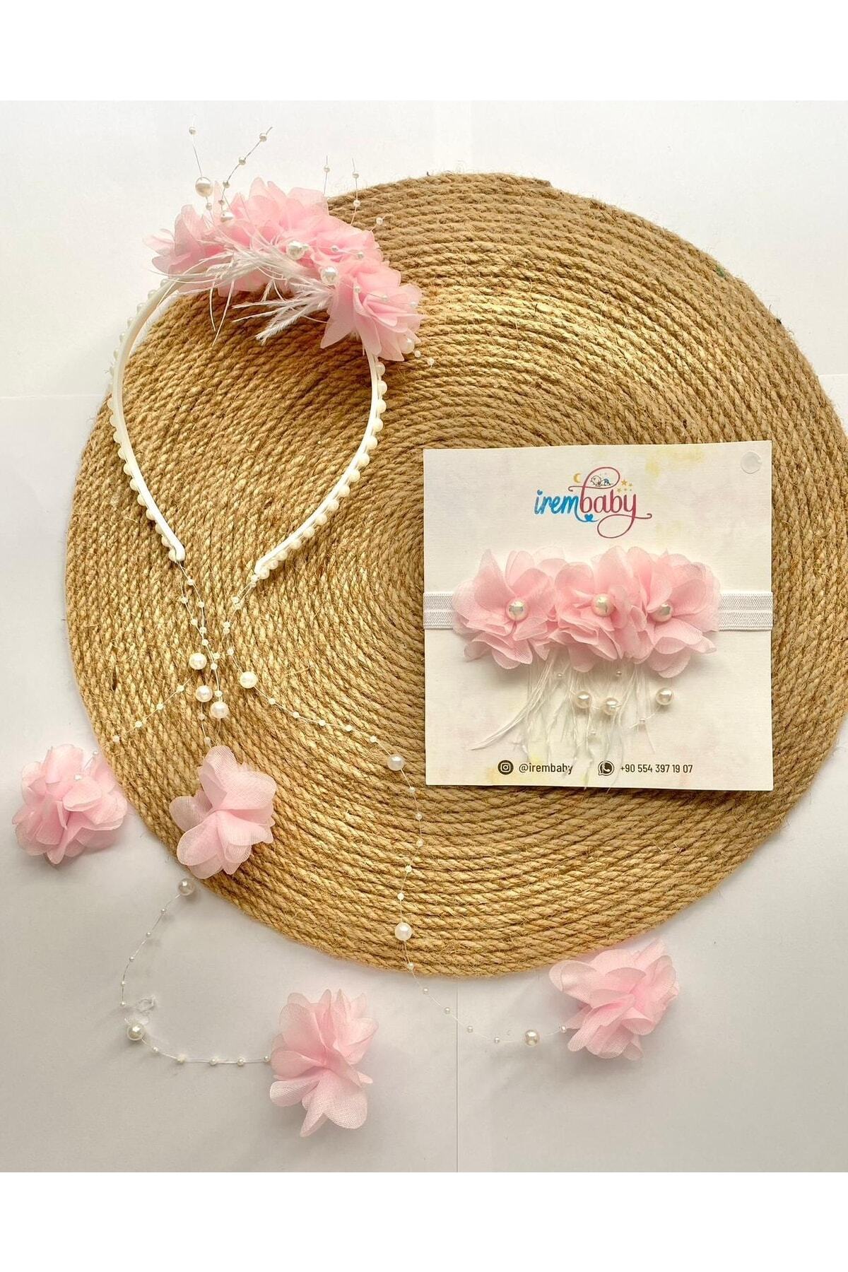 irembaby Anne Bebek Lohusa Seti Beyaz Çiçekli Incili Lohusa Tacı Saç Bandı Takımı fotoğrafı 2 (önizleme)