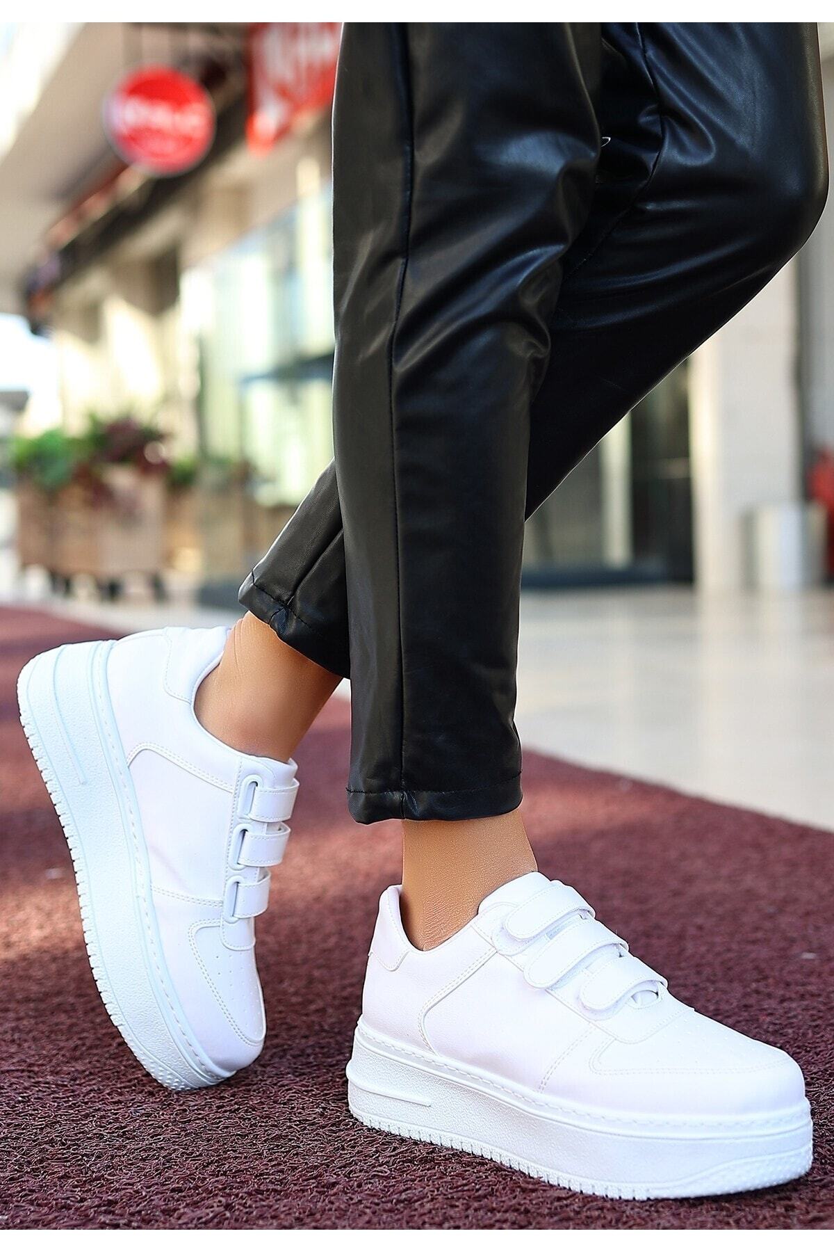 Beyaz Cilt Cırt Cırtlı Spor Sneaker