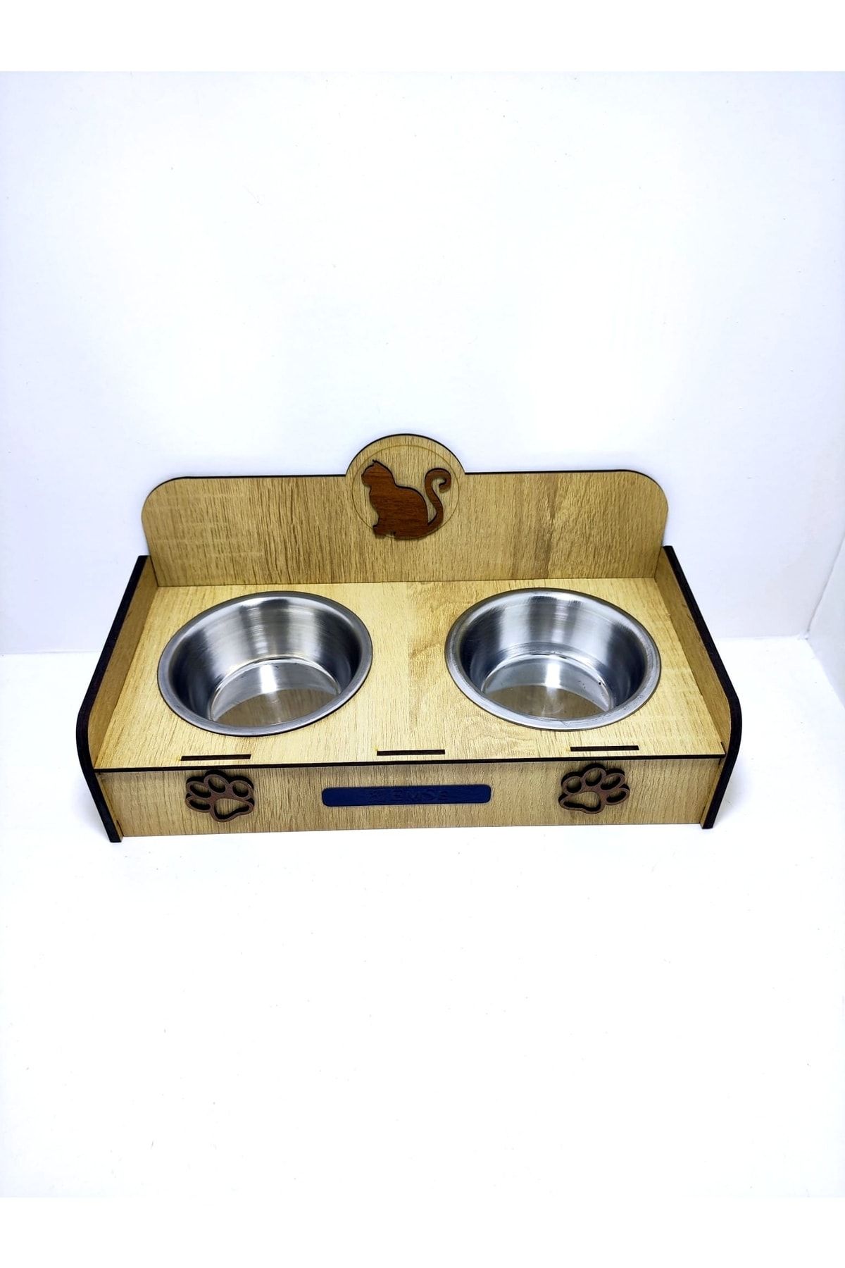EMSE-Double Wooden Steel Paw Patterned Food Bowl 1