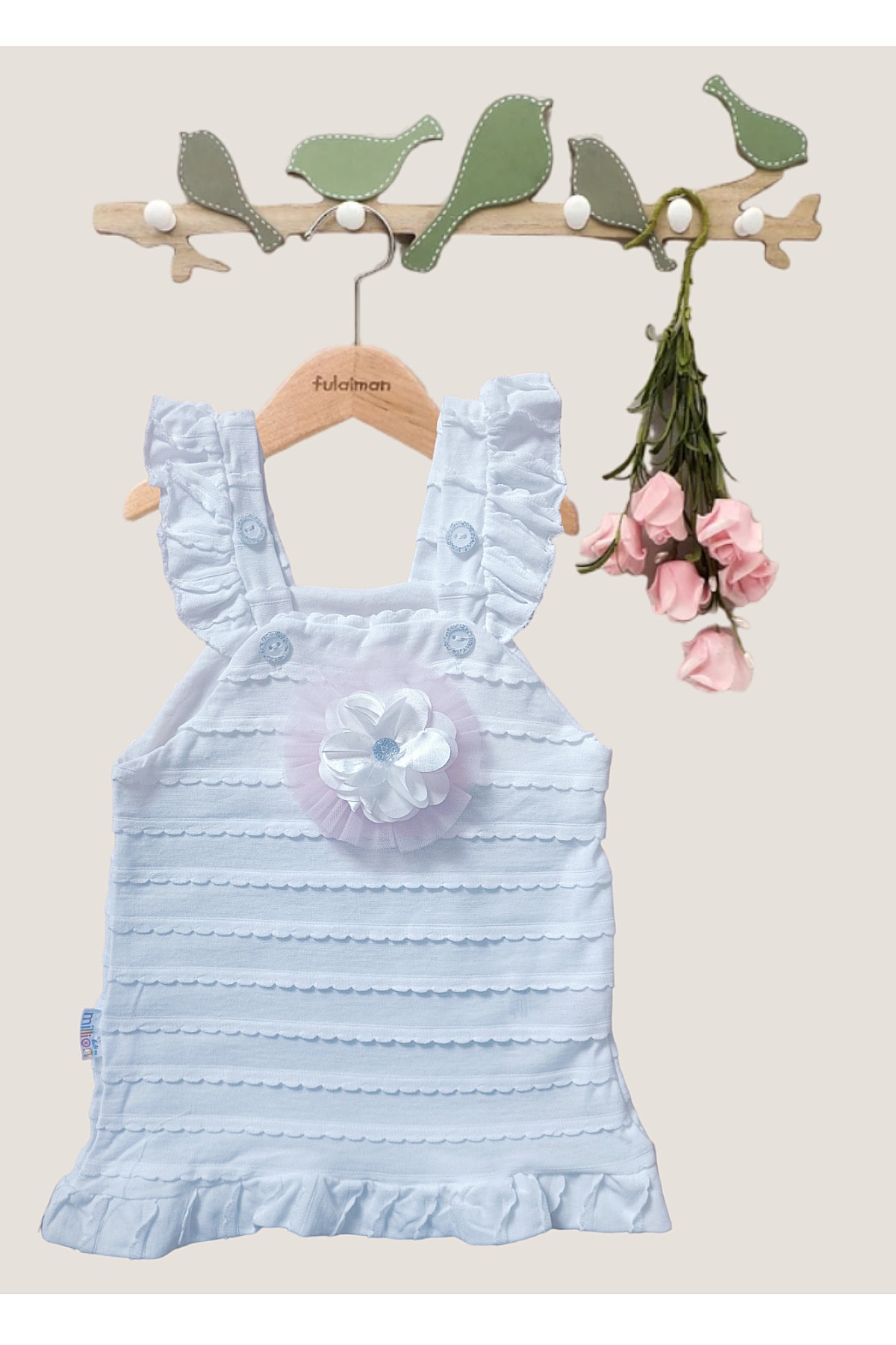 inci wear Çiçek Detaylı Fırfırlı Etekli Kız Bebek Elbisesi - Yumuşak Kumaş Beyaz Renk fotoğrafı 3 (önizleme)