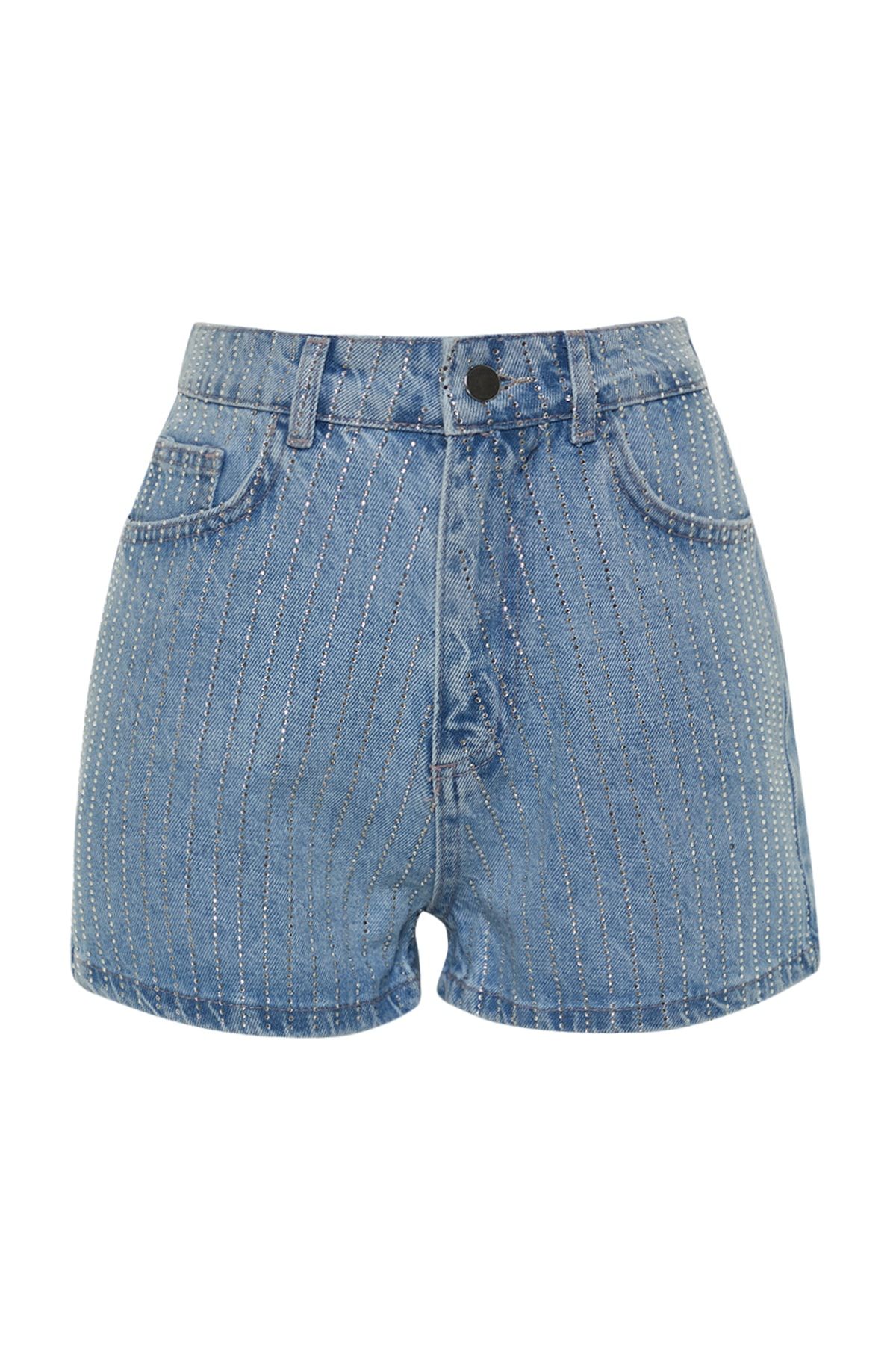 Trendyol Collection-Blue Stone High Waist Mini Denim Shorts Twoss23Sr00191 5