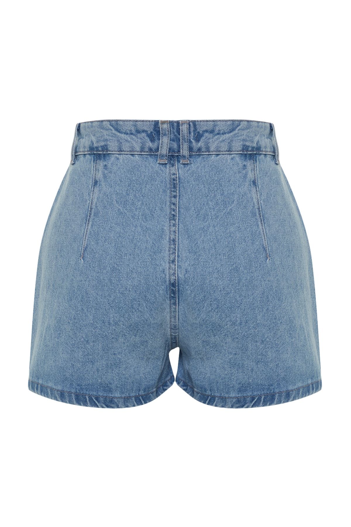 Trendyol Collection-Blue Stone High Waist Mini Denim Shorts Twoss23Sr00191 7